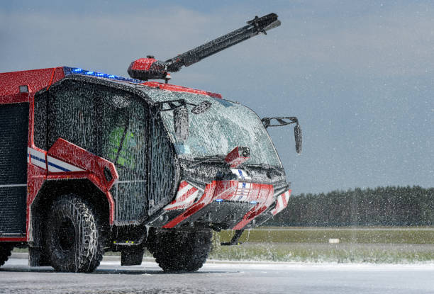 istock Fire truck extinguishes fire at the airport 1327840046