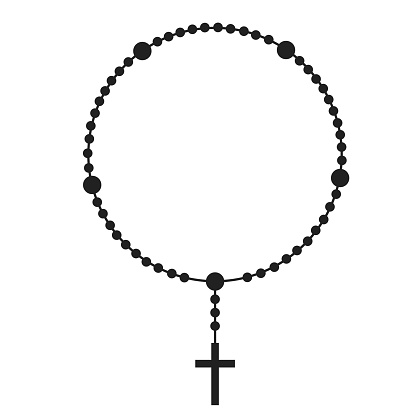 Rosary beads silhouette. Prayer jewelry for meditation. Catholic chaplet with a cross. Religion symbol. Vector isolated illustration