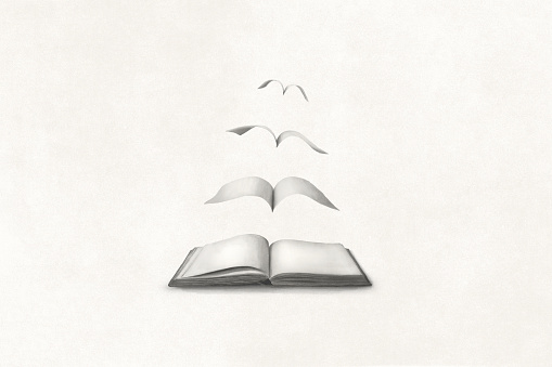 Illustration of pages flying out of a book, surreal philosophy concept