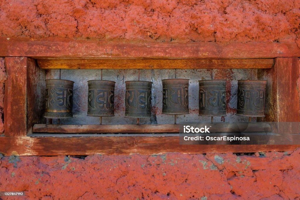 Nako in Himachal Pradesh, India Prayer wheels in the village of Nako in Himachal Pradesh, India. Asia Stock Photo