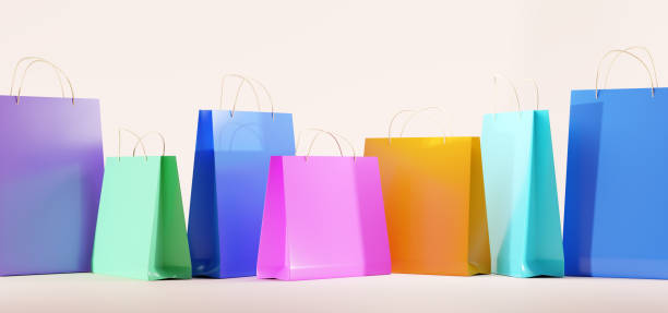 istock Paper shopping bags mockup, colorful gift packages with handles, blank rectangular and square luxury packs for consumer, present packaging for branding and corporate identity design. Realistic 3d set 1327848848
