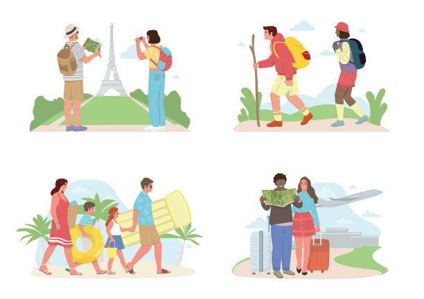 ilustrações, clipart, desenhos animados e ícones de quatro cenas de diversos turistas de férias - mochileiro