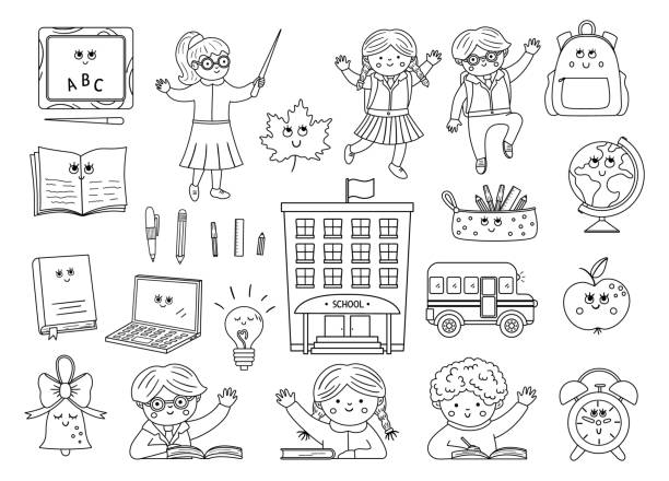Back To School Black And White Kawaii Vector Set Of Elements Educational  Clipart Collection With Cute Line Smiling Objects Funny Outline Teacher And  Pupils Illustration For Kids Stock Illustration - Download Image