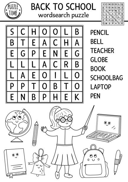 ilustraciones, imágenes clip art, dibujos animados e iconos de stock de vector en blanco y negro volver a la escuela wordsearch puzzle para los niños. simple crucigrama de contorno de otoño o página para colorear. actividad educativa de palabras clave con el maestro y los objetos sonrientes de la escuela kawaii. - worksheet