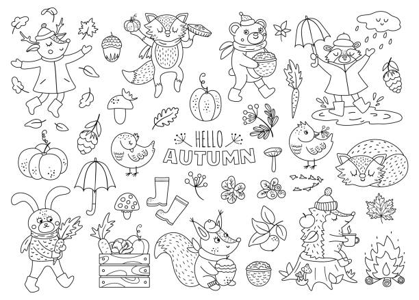 Black and white vector autumn animals set. Cute outline woodland collection. Fall season icons pack.  Funny forest line illustration or coloring page with hedgehog, fox, bird, deer, rabbit, bear Black and white vector autumn animals set. Cute outline woodland collection. Fall season icons pack.  Funny forest line illustration or coloring page with hedgehog, fox, bird, deer, rabbit, bear autumn coloring pages stock illustrations