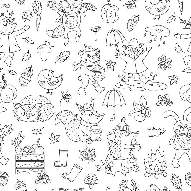 Black and white seamless pattern with vector autumn characters. Cute woodland animals line repeat background. Fall season coloring page.  Funny forest print with hedgehog, fox, bird, deer, rabbit Black and white seamless pattern with vector autumn characters. Cute woodland animals line repeat background. Fall season coloring page.  Funny forest print with hedgehog, fox, bird, deer, rabbit autumn coloring pages stock illustrations