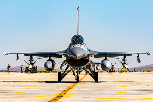 F16 Fighter jet in a taxiing position