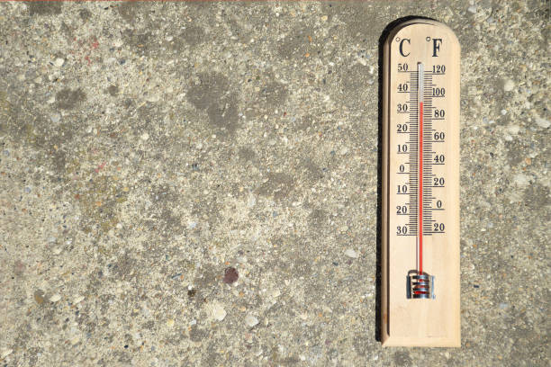 istock Thermometer on concrete background showing high summer temperature 1327860122