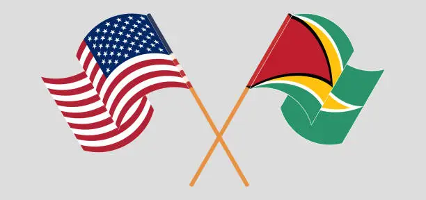 Vector illustration of Crossed and waving flags of the USA and Guyana