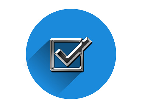 Metallic finished check icon with metal look on blue circle . 3d illustration