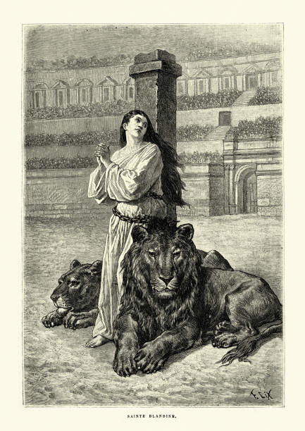 Lions refusing to attack Saint Blandina, Christian martyr, Ancient Roman arena Lyon Vintage illustration of Lions refusing to attack Saint Blandina, Christian martyr, Ancient Roman arena Lyon. Saint Blandina (French: Blandine, 162–177 AD) was a Christian martyr who died in Lugdunum (modern Lyon, France) during the reign of Emperor Marcus Aurelius. martyr stock illustrations