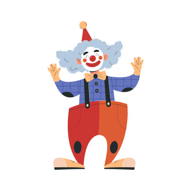 Smiling male clown in colorful costume working in circus Smiling male clown in colorful costume working in circus. Concept of circus characters doing tricks and stunts for children, adults. Positive clown cheering up people. Flat cartoon vector illustration clown stock illustrations