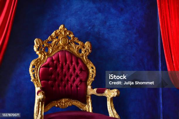 Luxury Classical Interior With Blue Wall And Purplegolden Chair Extraordinary Blue And Purple Interior Blue And Red Contrast With Wallsexpensive Home Interior With Violet Armchair Stock Photo - Download Image Now