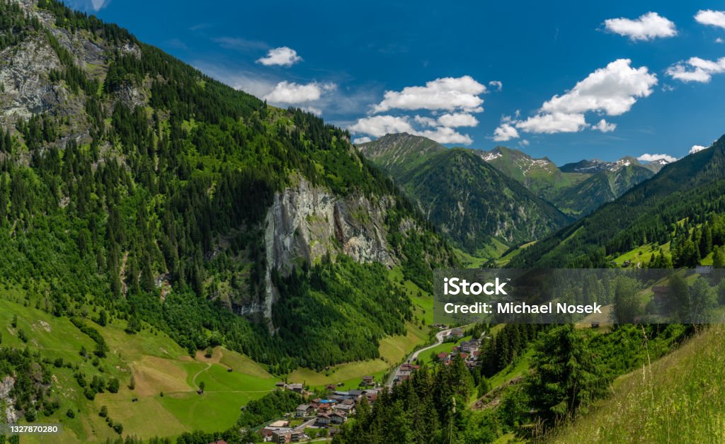 Summer valley with Grossarler Ache small river and blue cloudy sky Summer valley with Grossarler Ache small river and blue white cloudy sky Bad Gastein Stock Photo