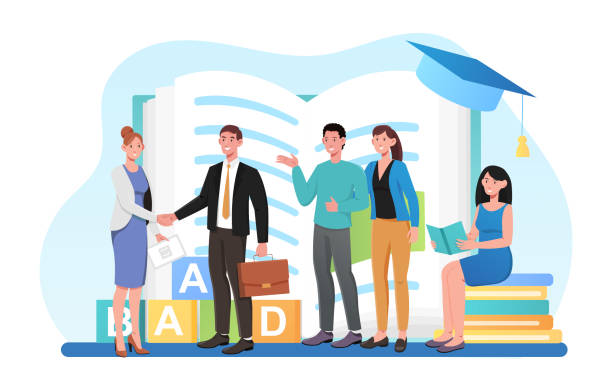 Male teacher is shaking hands surrounded with smiling colleagues Male teacher is shaking hands surrounded with smiling colleagues. Profesor standing in front of school or college workers. Concept of education and knowledge. Flat cartoon vector illustration teacher happiness stock illustrations