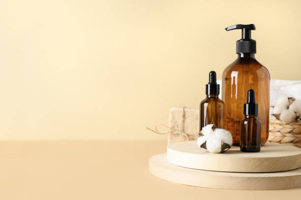 istock Modern composition with natural cosmetics and essential oil with dark amber bottles. SPA set. 1327871200