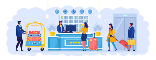 Woman With Suitcases Is Standing At Reception Desk Check Into Hotel Receptionist Welcomes The Guest Bellboy With Cart Vector Illustration Stock Illustration - Download Image Now - iStock Woman With Suitcases Is Standing At Reception Desk Check Into Hotel Receptionist Welcomes The Guest Bellboy With Cart Vector Illustration Stock Illustration - Download Image Now - iStock