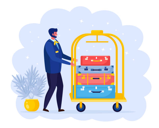 Bellhop carrying luggage and bags by trolley, cart. Smiling bellboy. Hotel staff. Vector illustration Bellhop carrying luggage and bags by trolley, cart. Smiling bellboy. Hotel staff. Vector illustration doorman stock illustrations