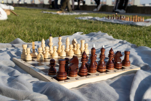istock A wooden chessboard with figures in a park on a gray blanket. 1327875245