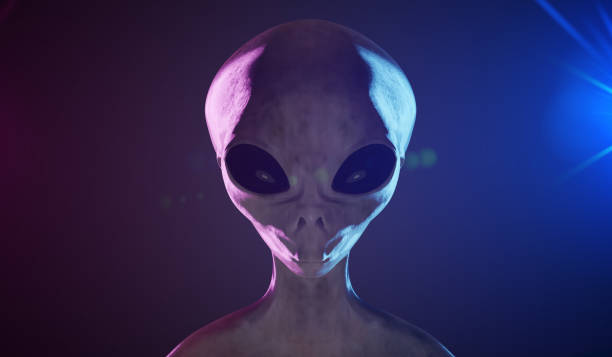 istock Spooky alien's face on black background. Red and blue lights. 3D rendered illustration. 1327876783