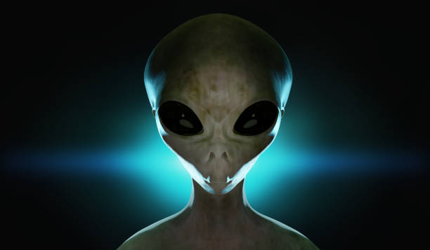 Spooky alien's face. Blue light in background. 3D rendered illustration. stock photo