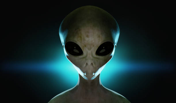 Spooky alien's face. Blue light in background. 3D rendered illustration. Spooky alien's face. Blue light in background. 3D rendered illustration. grey alien stock pictures, royalty-free photos & images