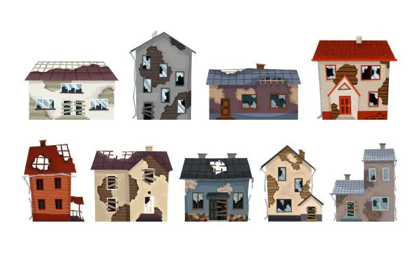 Vector illustration of Old weathered houses and dwellings collection. Abandoned home in bad condition. Bad old trouble buildings with damaged roof, shabby walls and exteriors. Set of isolated neglected property