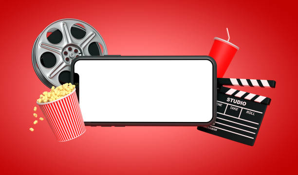 istock Smartphone blank screen with popcorn, film strip, clapperboard and drink on red background 1327878959