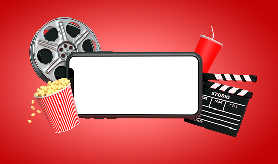 Smartphone blank screen with popcorn, film strip, clapperboard and drink on red background. oncept of online movie viewing. 3D rendering, 3D illustration