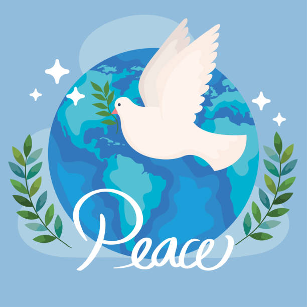 world peace poster world peace poster with dove dove earth globe symbols of peace stock illustrations
