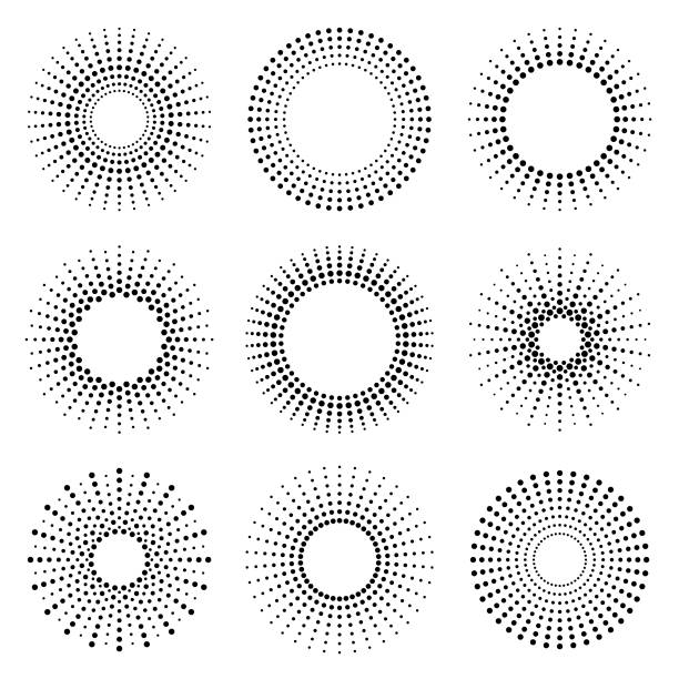 ilustraciones, imágenes clip art, dibujos animados e iconos de stock de círculos de semitonos - abstract sun sunlight pattern