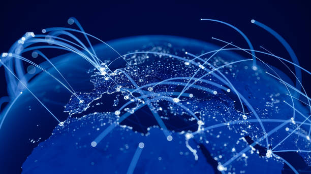 global communication network (world map credits to nasa) - global fotografías e imágenes de stock