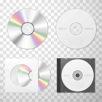 Collection of compact disk realistic vector illustration. Set of side with hologram, cover, paper and plastic box storage isolated. Audio and video player, keeping digital information circle device