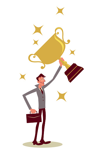 Businessman Characters Vector Art Illustration.
Successful businessman lifting a trophy.