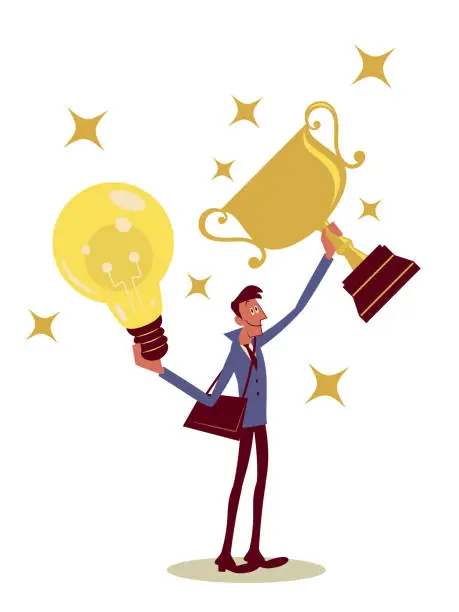 Vector illustration of One successful businessman (designer, entrepreneur) lifting a trophy and the best idea (Light Bulb, Top Business Plan)