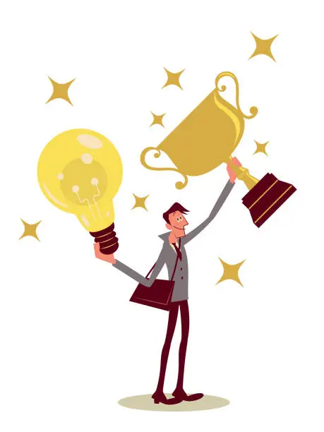 Vector illustration of One successful businessman (designer, entrepreneur) lifting a trophy and the best idea (Light Bulb, Top Business Plan)