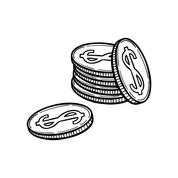 Vector illustration of A stack of coins in sketchy vintage style