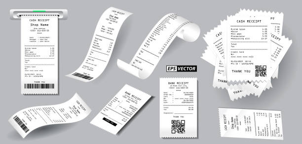 realistic register sale receipt isolated or cash receipt printed set of realistic register sale receipt isolated or cash receipt printed on white paper concept. eps vector making money origami stock illustrations