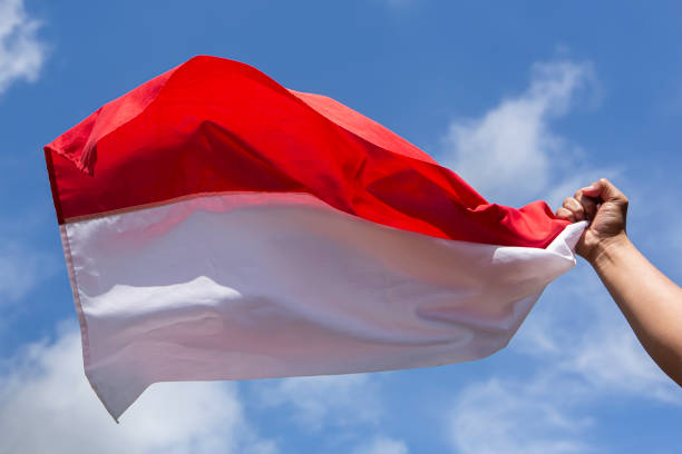 青空の下で空中にインドネシアの赤と白の旗を手でつかむ - インドネシア国旗 ストックフォトと画像