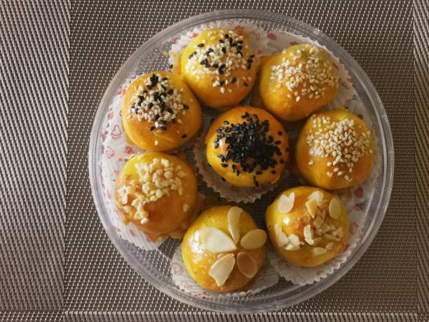 traditional mid-autumn mooncake Shanghai style table top view