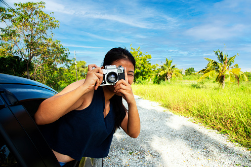 Blogger Asian backpacker woman record camera People young woman traveler Happy and Enjoy trip adventure. Travel Concept
