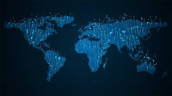 Big data visualization concept. Technology background. World map on blue background.