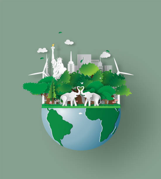 stockillustraties, clipart, cartoons en iconen met elephants in forest, origami design world environment and earth day. paper cut and craft.wildlife animal with elephants lovers heart in nature forest, banner usa city. green city eco friendly concept - dierendag