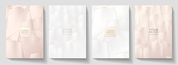 Modern cover, frame design set. Luxury geometric pattern in rose gold (pink), white colour Creative premium vector background for makeup catalog, brochure template, magazine layout, beauty booklet black background shape white paper stock illustrations