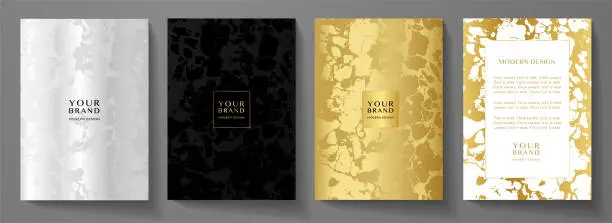 Vector illustration of Modern cover, frame design set. Creative premium background with silver, black, gold abstract marble pattern