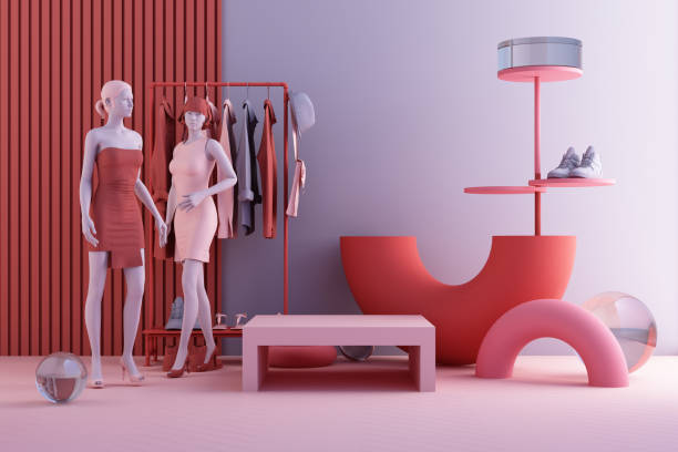 Clothes mannequins a hanger surrounding by bag and market prop with geometric shape on the floor in pink and blue color. 3d rendering Clothes mannequins a hanger surrounding by bag and market prop with geometric shape on the floor in pink and blue color. 3d rendering artists model stock pictures, royalty-free photos & images