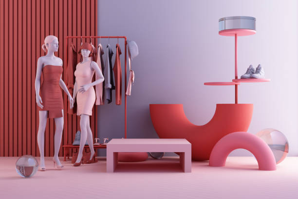 clothes mannequins a hanger surrounding by bag and market prop with geometric shape on the floor in pink and blue color. 3d rendering - mannequin imagens e fotografias de stock
