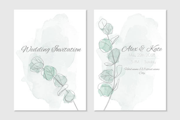 ilustraciones, imágenes clip art, dibujos animados e iconos de stock de invitación de boda en acuarela floral con rama de eucalipto - invitación de boda