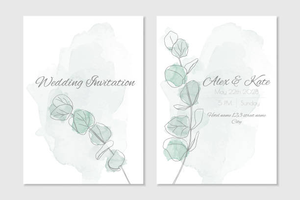 ilustrações, clipart, desenhos animados e ícones de convite de casamento de aquarela floral com ramo de eucalipto - eucalipto