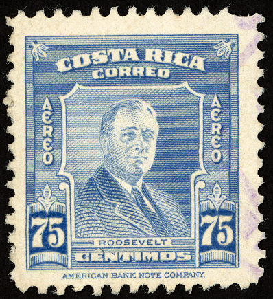 1947 Costa Rica air mail postage stamp with portrait of US president Franklin D. Roosevelt.